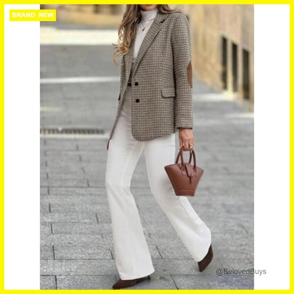 Tweed Blazer with Houndstooth Plaid Full Lining Pockets Business Casual - Picture 5 of 7
